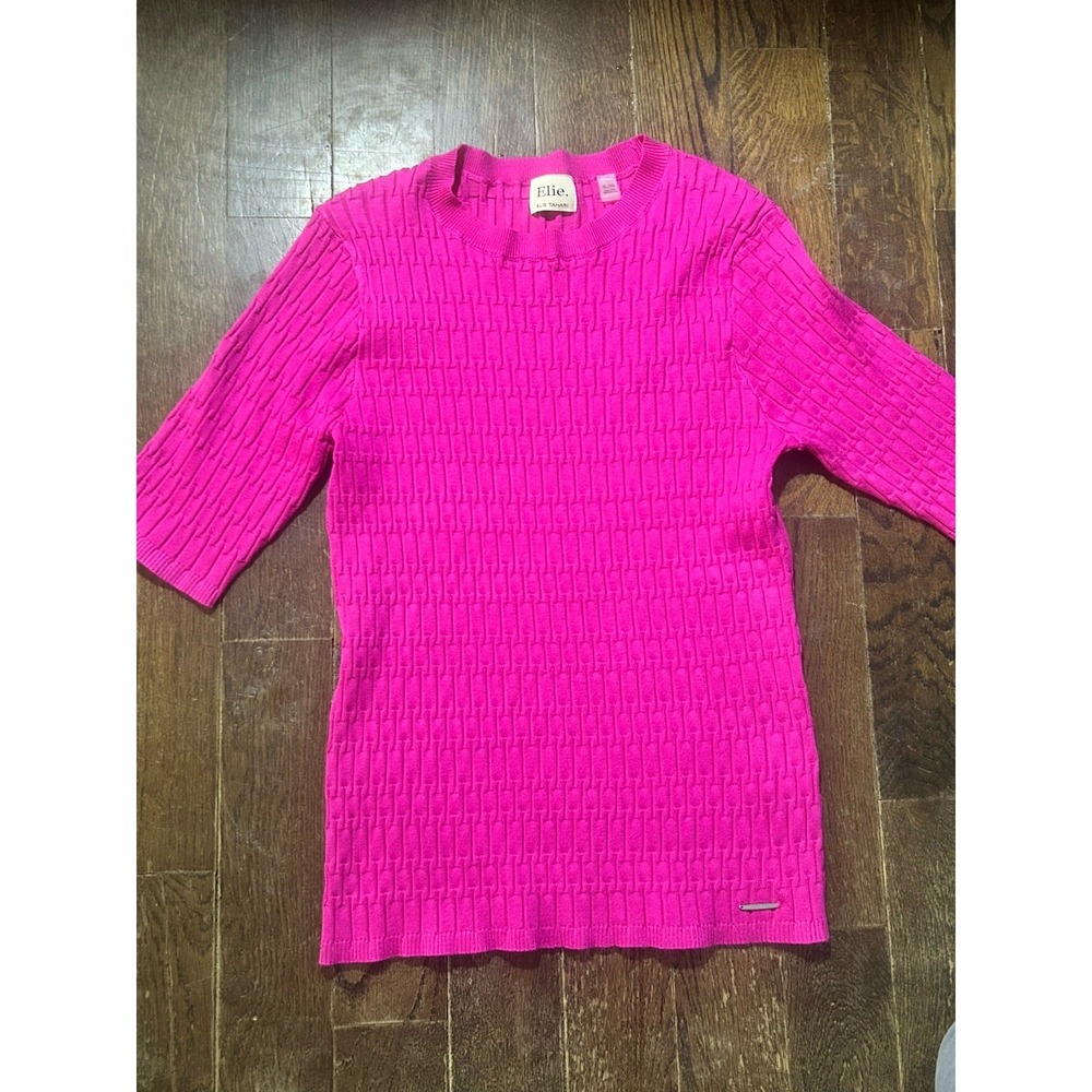 ELIE TAHARI CREW NECK SWEATER Short, Sleeved, Bright Pink XL Textured